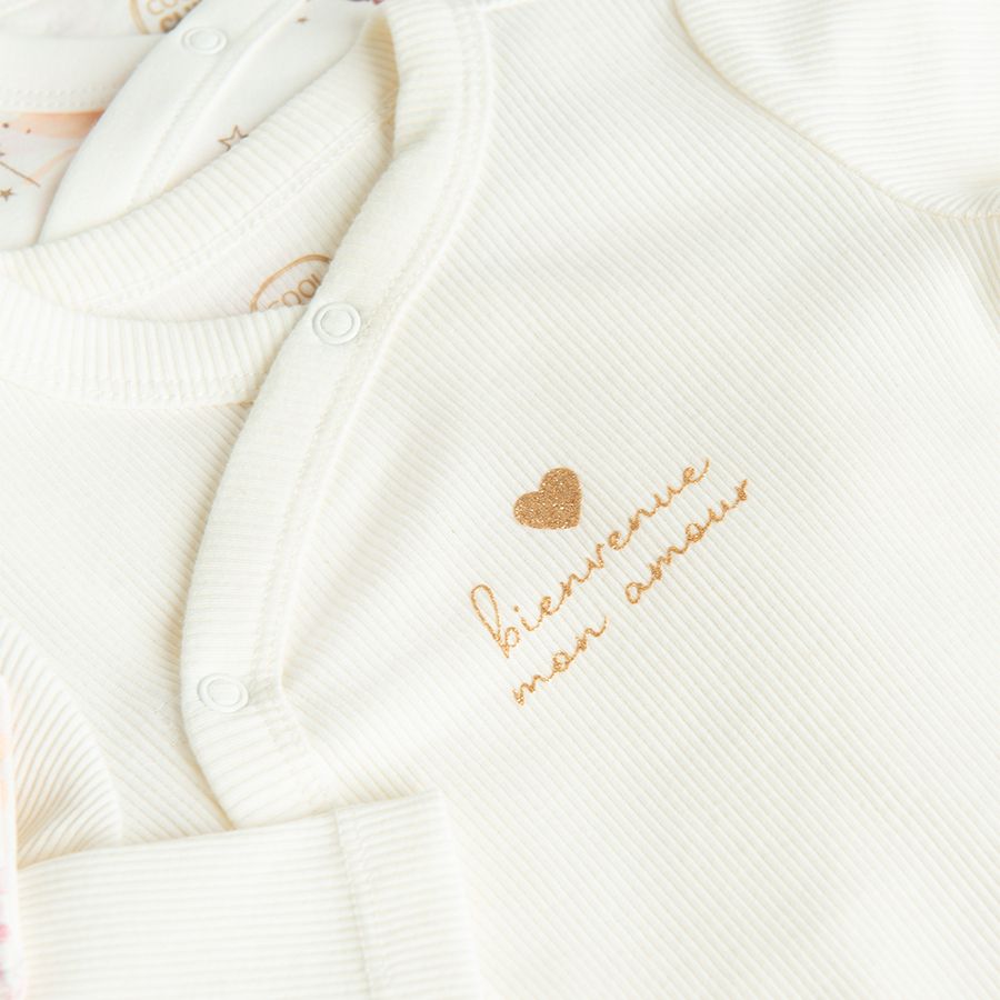 Ecru long sleeve wrap bodysuits with BIENVENUE MON AMOUR and pink ballerinas print 2 pack