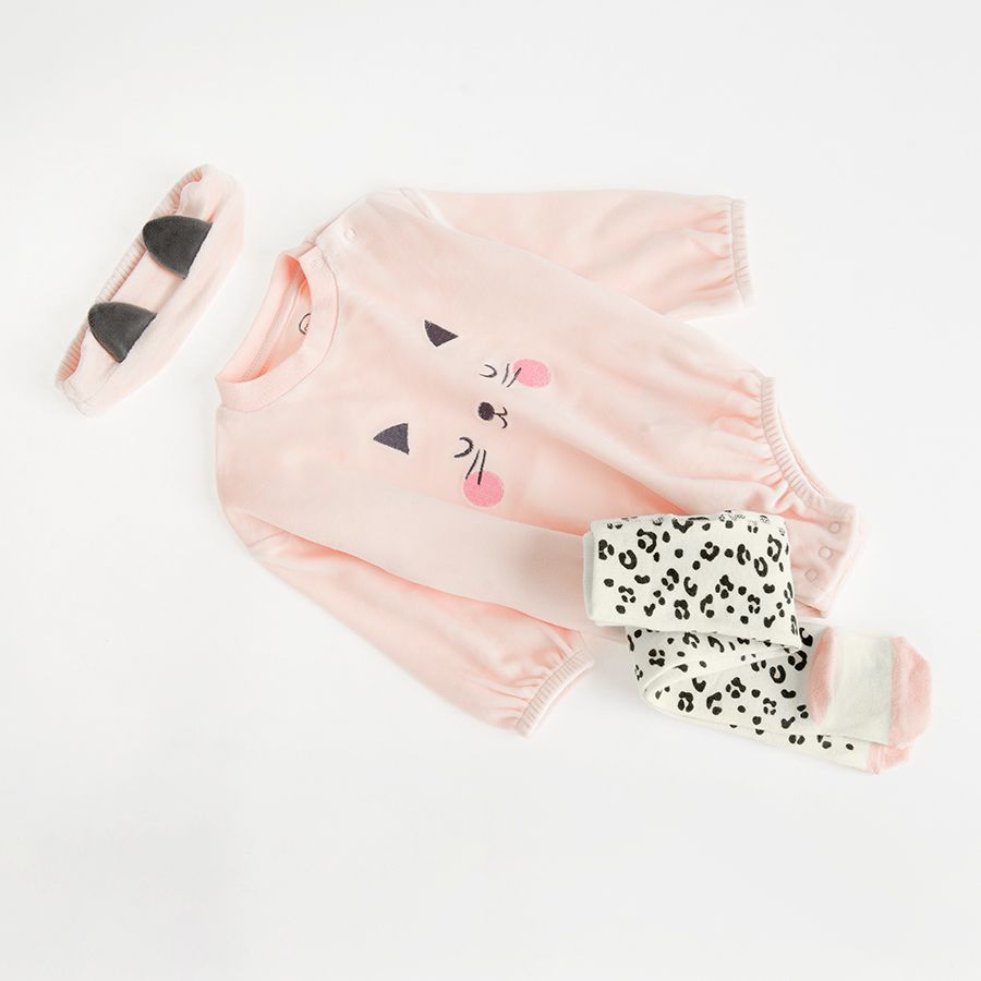 Pink long sleeve bodysuit with kitten print, tights and headband