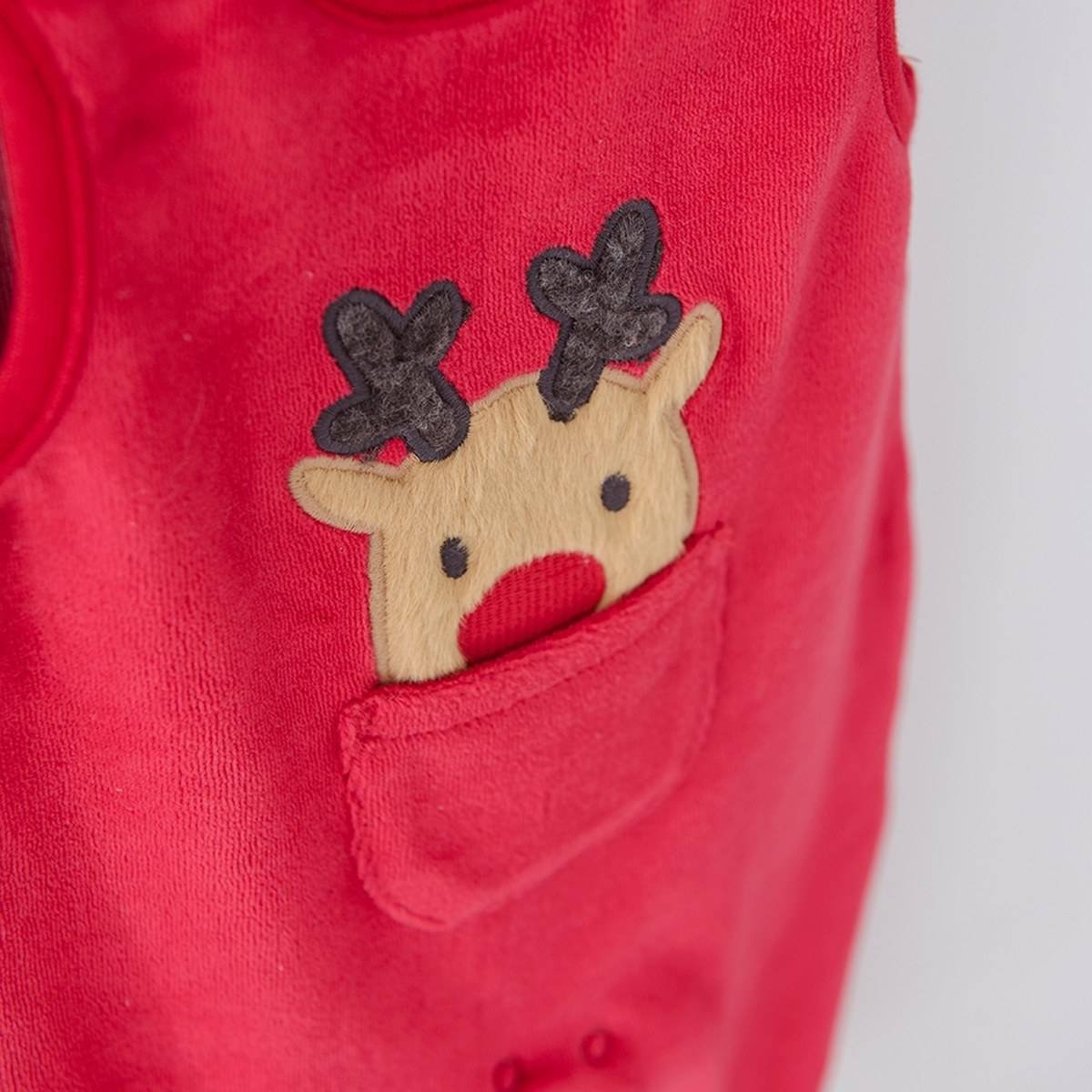 Red dungarees with reindeer