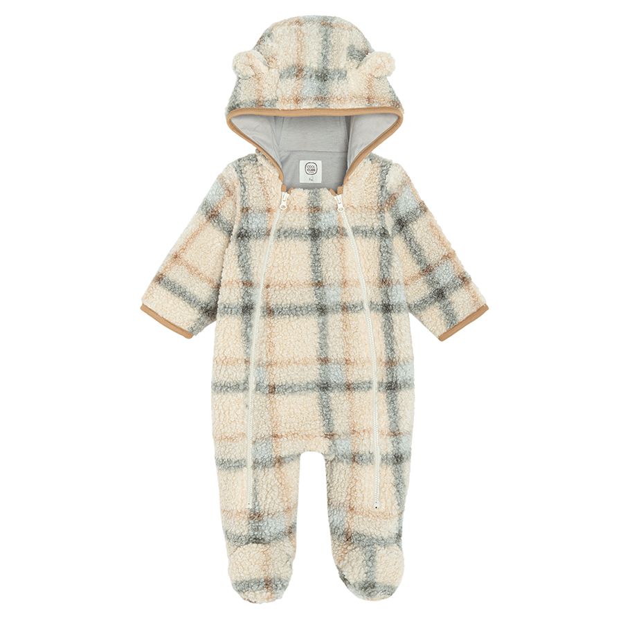 Checked hooded footed overall with two side zippers