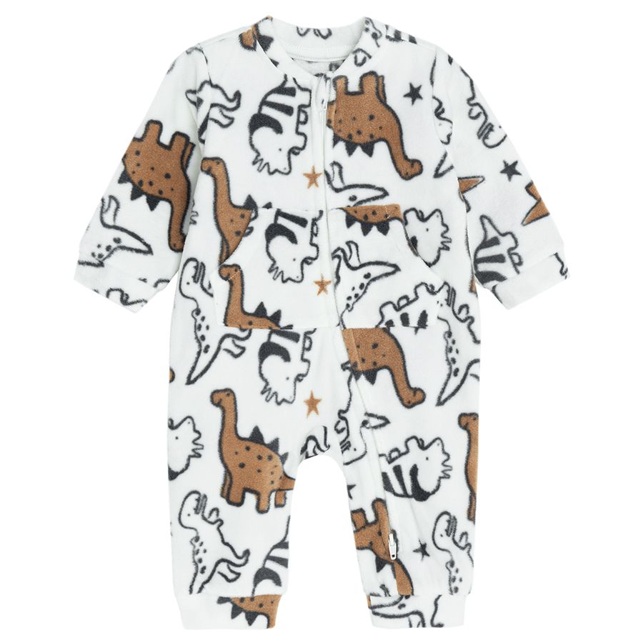White overall with dinosaurs print