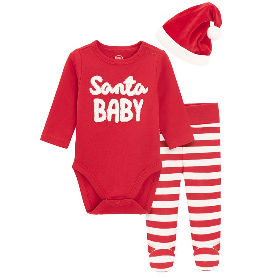 Red Santa Claus long sleeve bodysuit, red and white stripes footed leggings, Santa cap