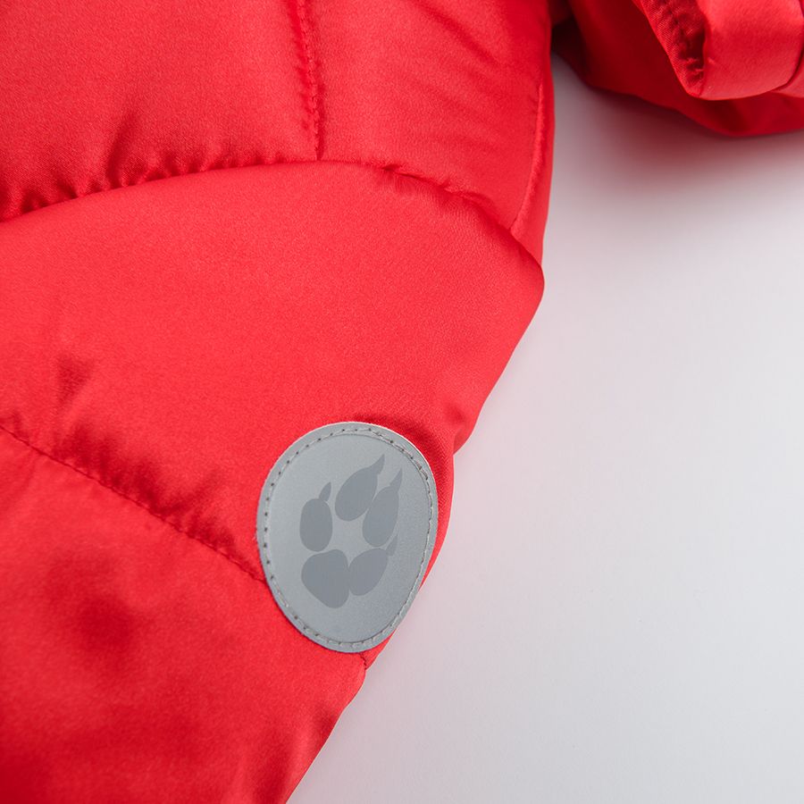 Red hooded overall snowsuit