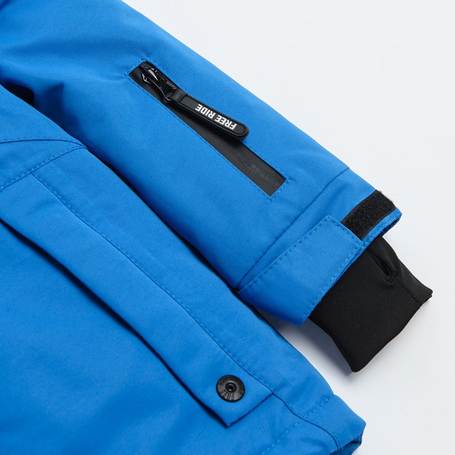 Μπουφάν για σκι μπλε με τσέπες, φερμουάρ και κουκούλα