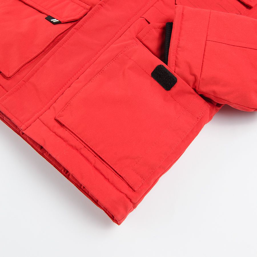 Μπουφάν κόκκινο με τσέπες, φερμουάρ και κουκούλα