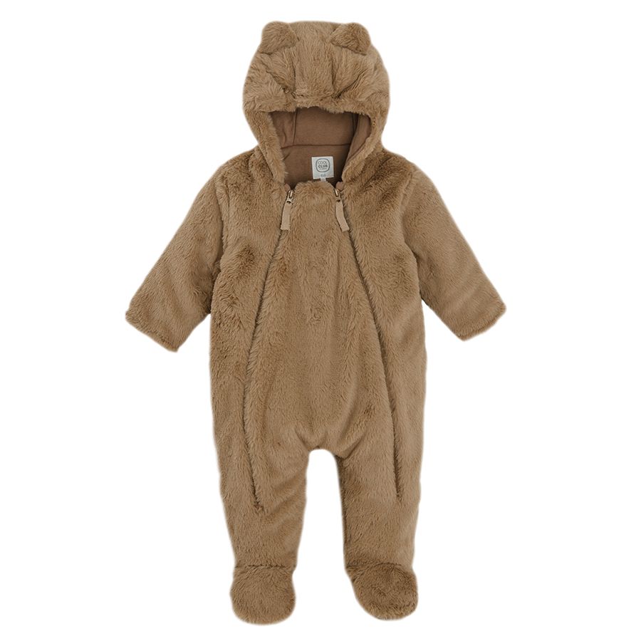 Brown pram suit with 2 side zippers and ears on the hoodie