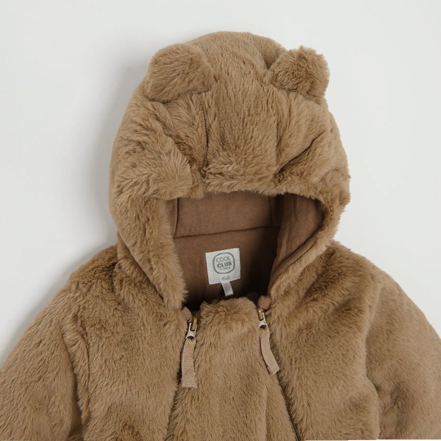Brown pram suit with 2 side zippers and ears on the hoodie