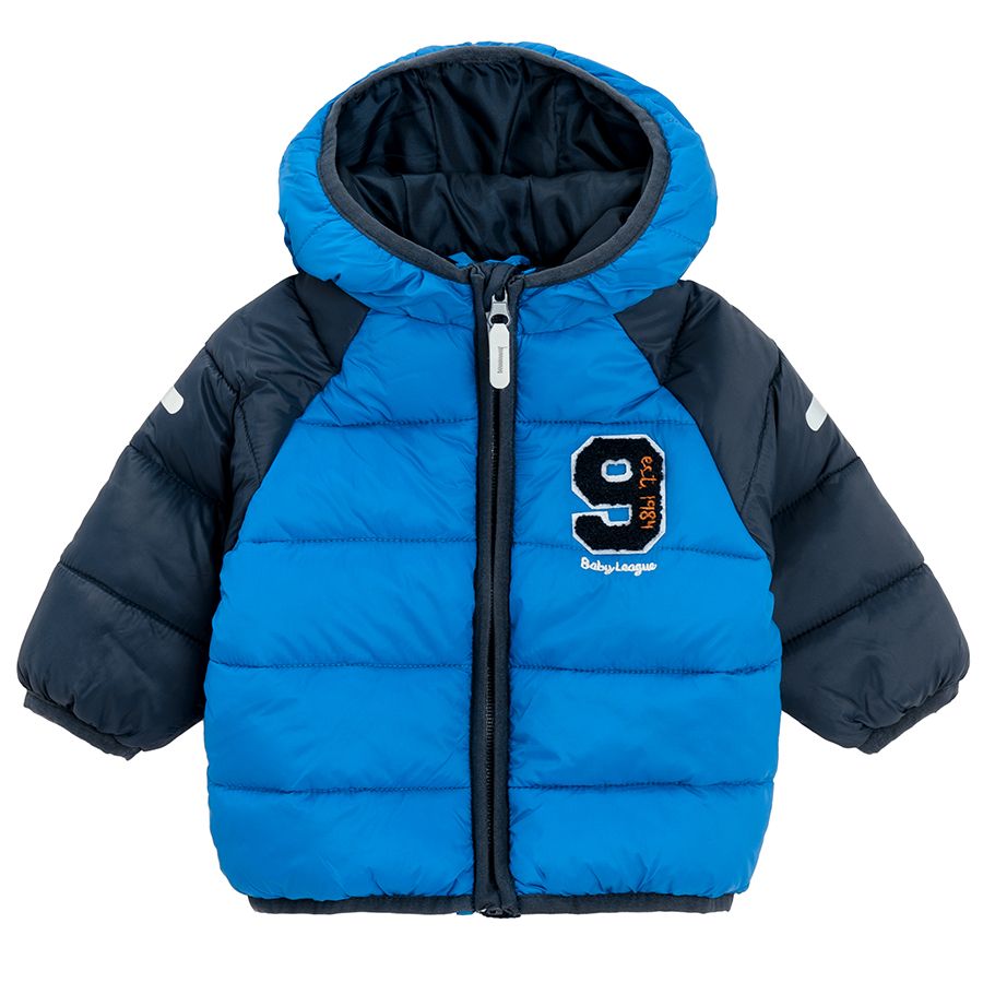 Blue hooded zip through jacket and 9 Baby League print