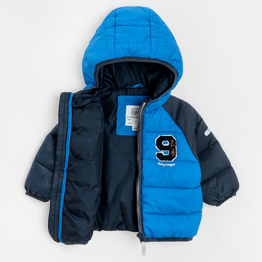 Blue hooded zip through jacket and 9 Baby League print
