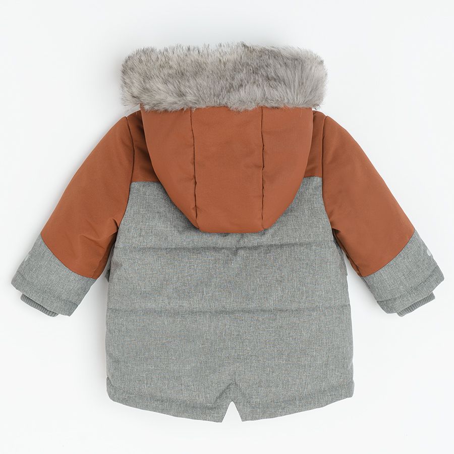 Grey and brown jacket with fur on the hood