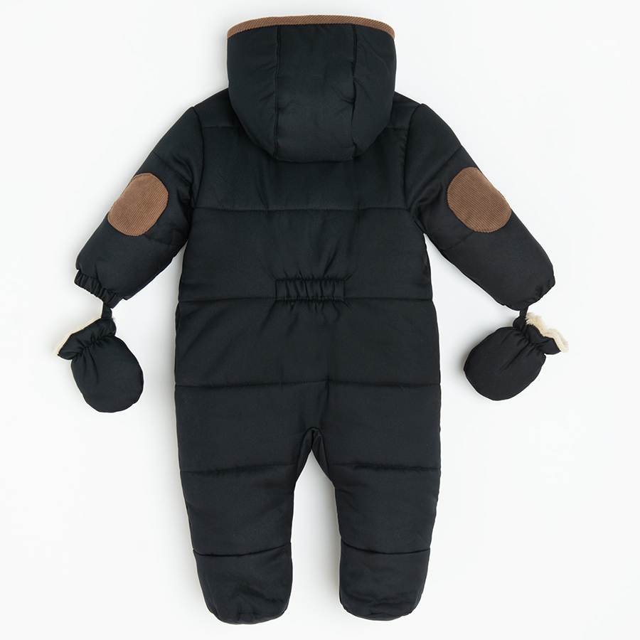 Black snowsuit with bear print and mittens