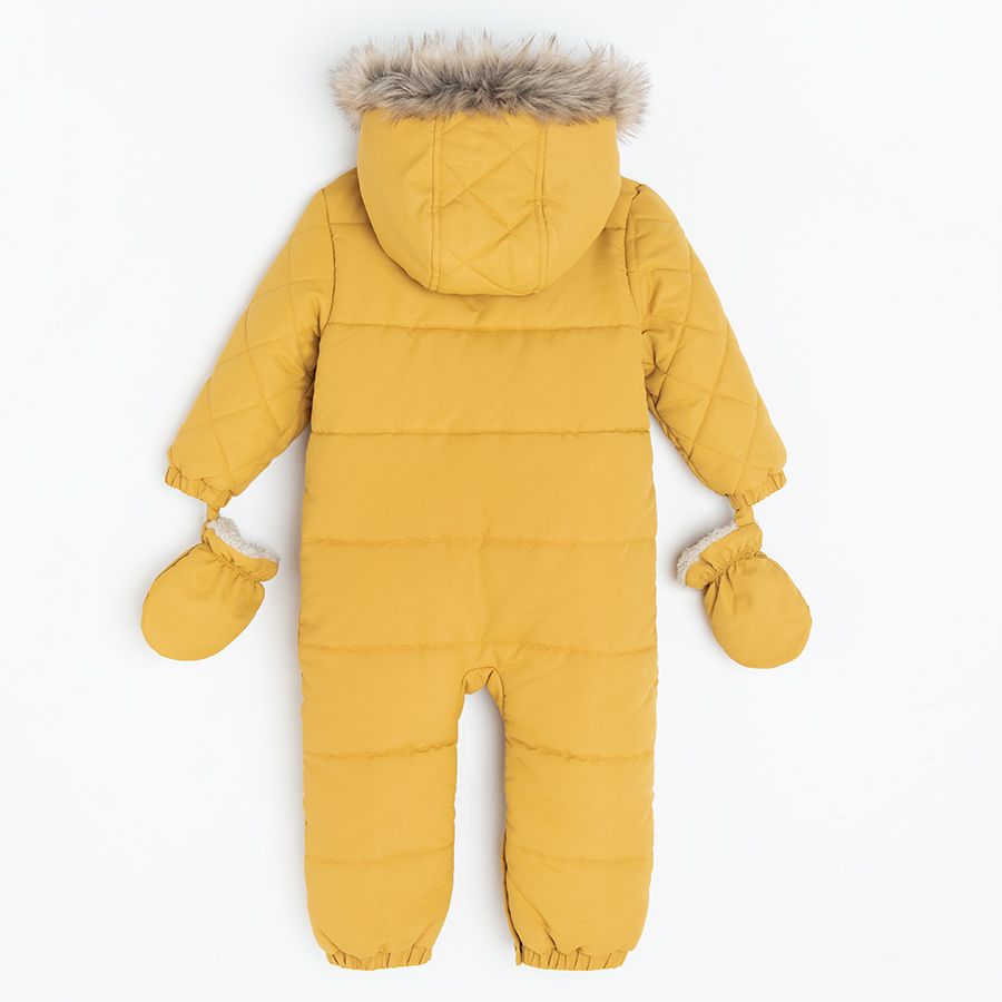 Yellow hooded snowsuit with mittens