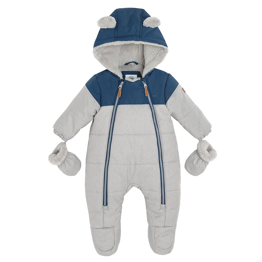 Grey and blue footless hooded snowsuit with mittens