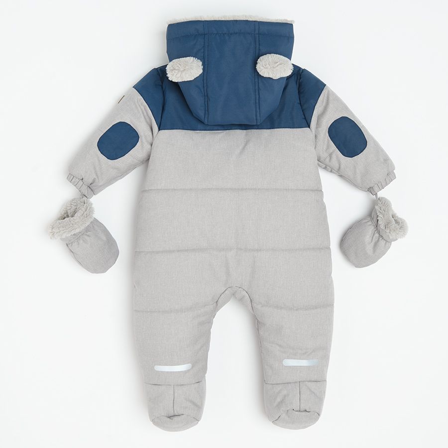 Grey and blue footless hooded snowsuit with mittens