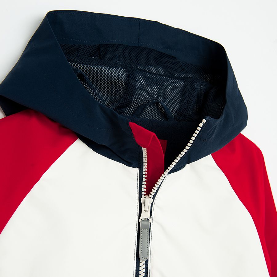 White, blue and red hooded zip through jacket