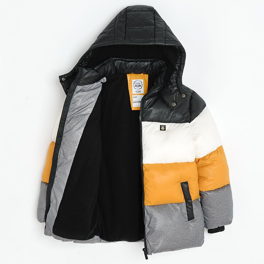 Grey, yellow, white, black hooded zip through jacket
