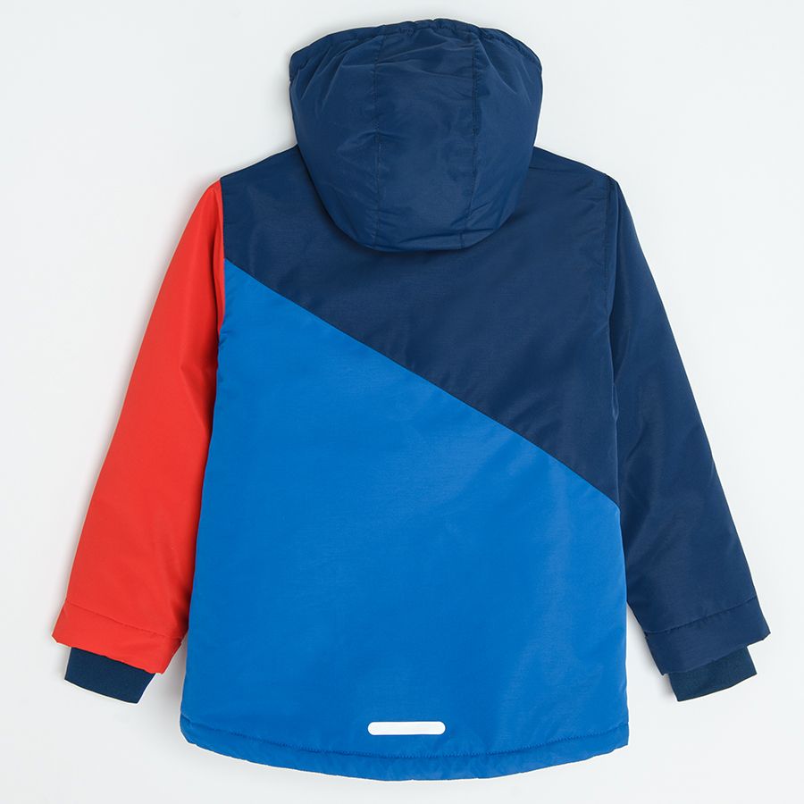 Blue and red hooded ski jacket