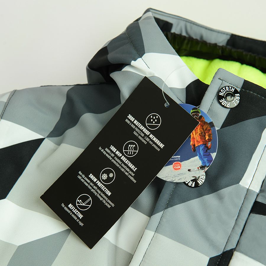 Grey with building blocks print ski jacket with fluo lining on the hood