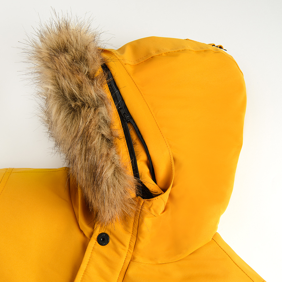 Μπουφάν κίτρινο με αποσπώμενη γούνα στην κουκούλα και επένδυση fleece