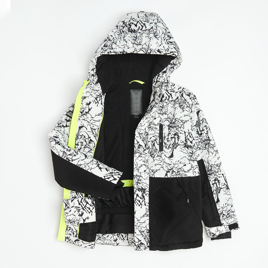 Black and white zip through hooded ski jacket