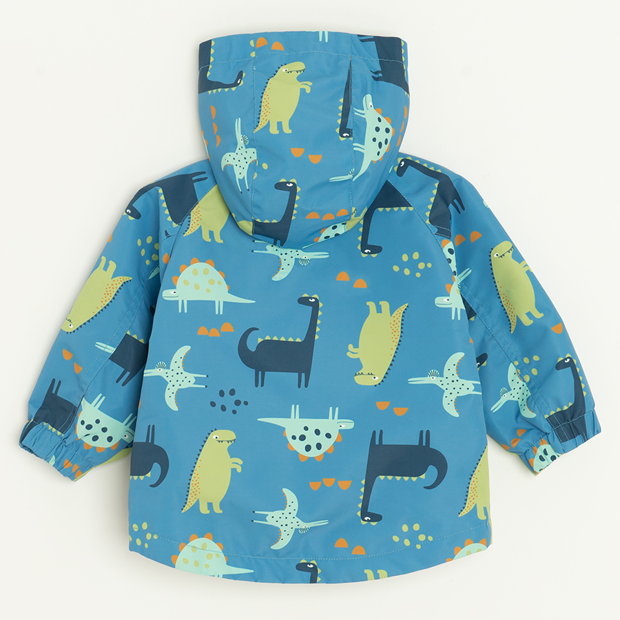 Blue zip through hooded jacket with dinosaurs print