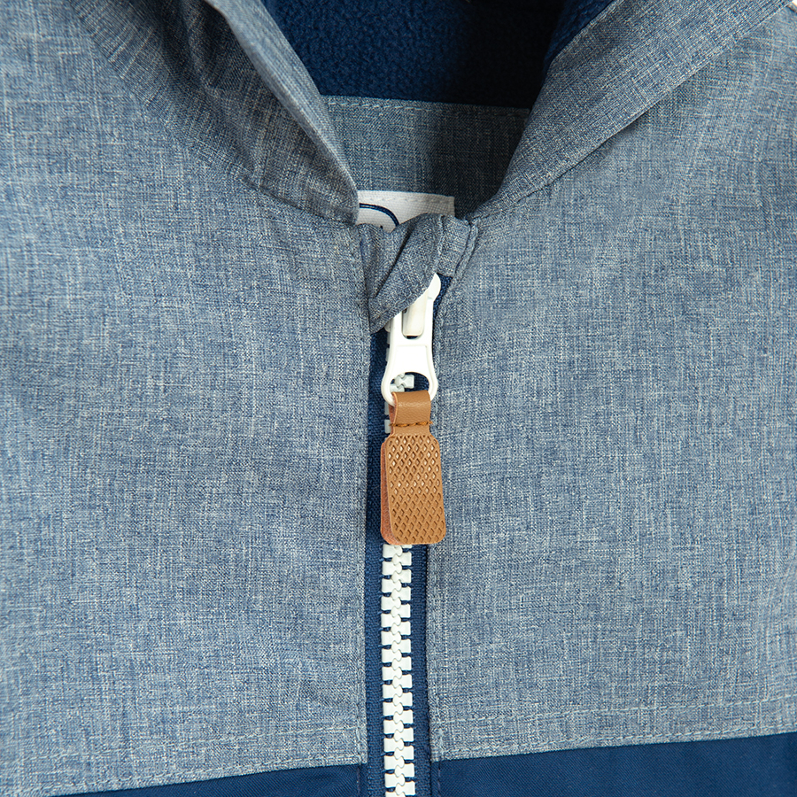 Blue melange zip through hooded jacket with airplane print