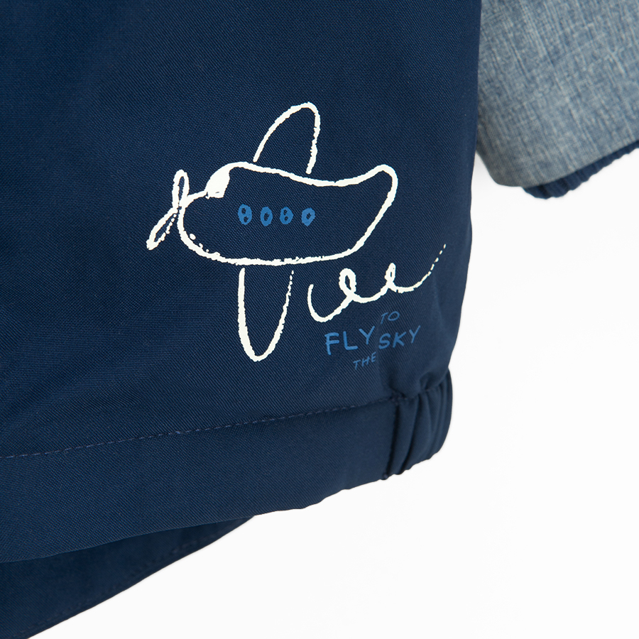 Blue melange zip through hooded jacket with airplane print