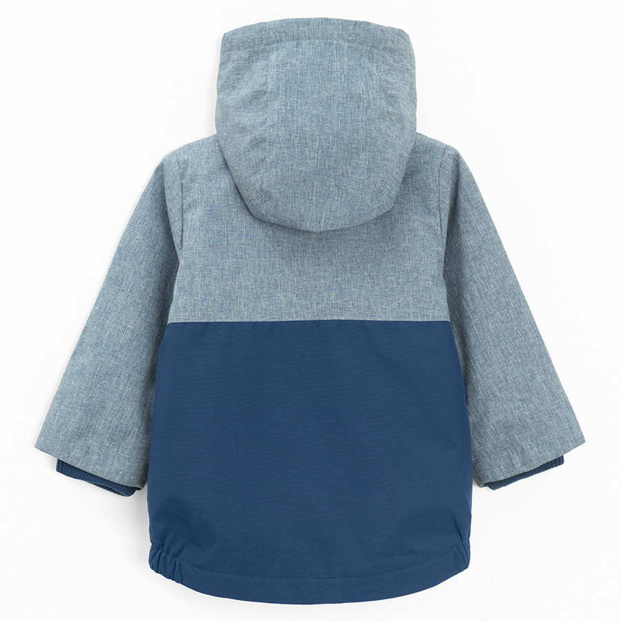 Blue melange zip through hooded jacket with airplane print