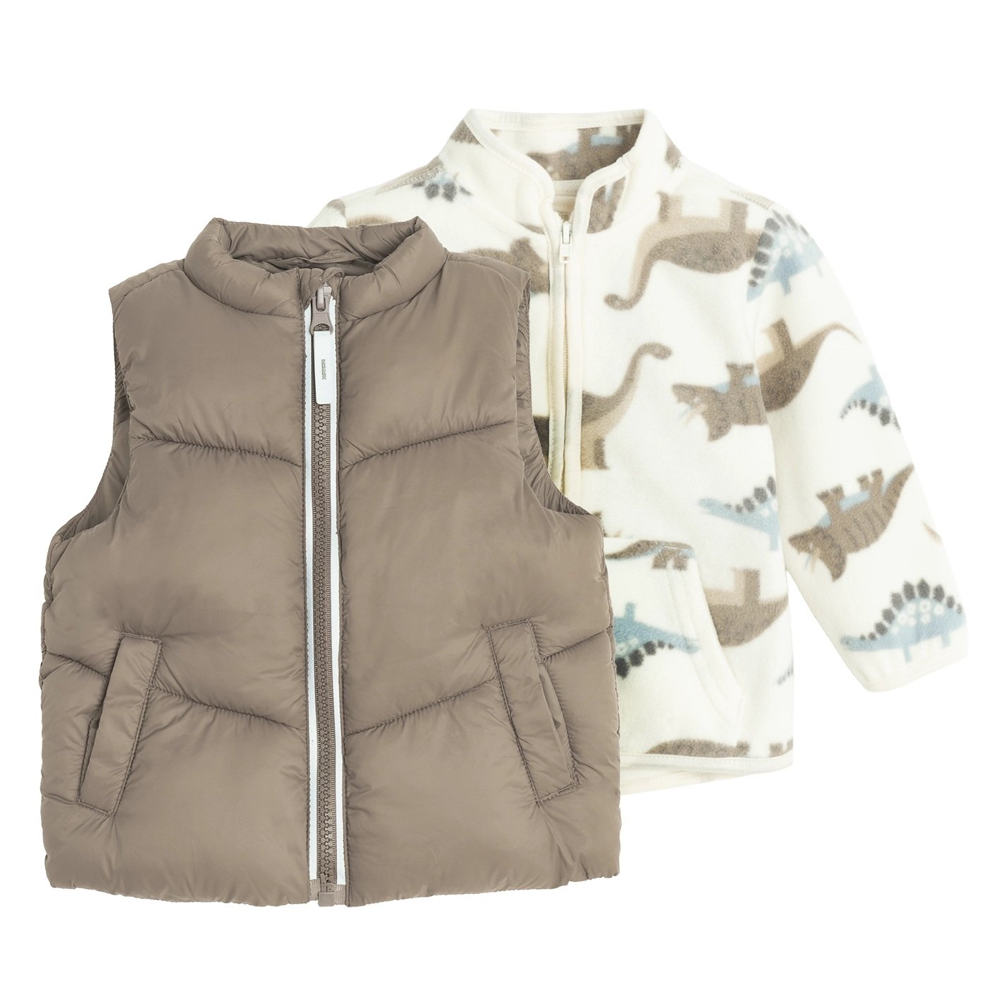 Μπουφάν 2 τμχ ζακέτα fleece λευκή με στάμπα δεινόσαυρους και αμάνικο γιλέκο μπεζ