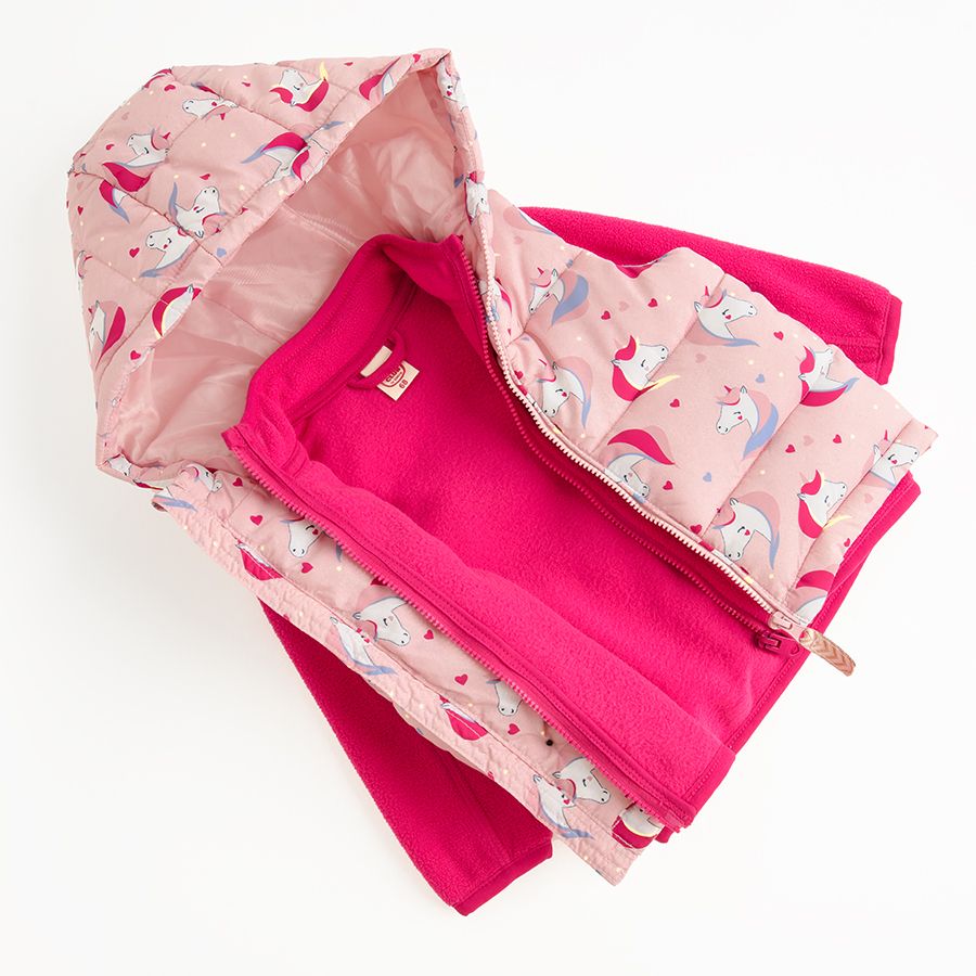 Σετ μπουφάν αμάνικο με κουκούλα ροζ με στάμπα μονόκερους και fleece ζακέτα φούξια με φερμουαρ