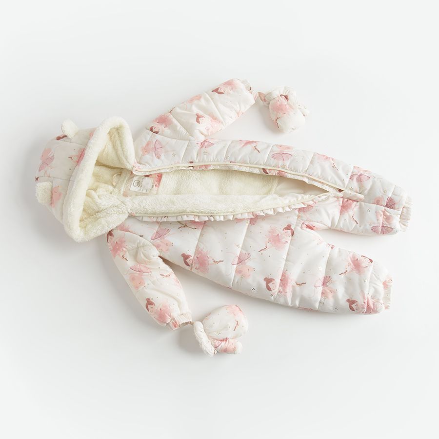 Φόρμα εξόδου λευκή με στάμπα ροζ μπαλαρίνες και επένδυση fleece