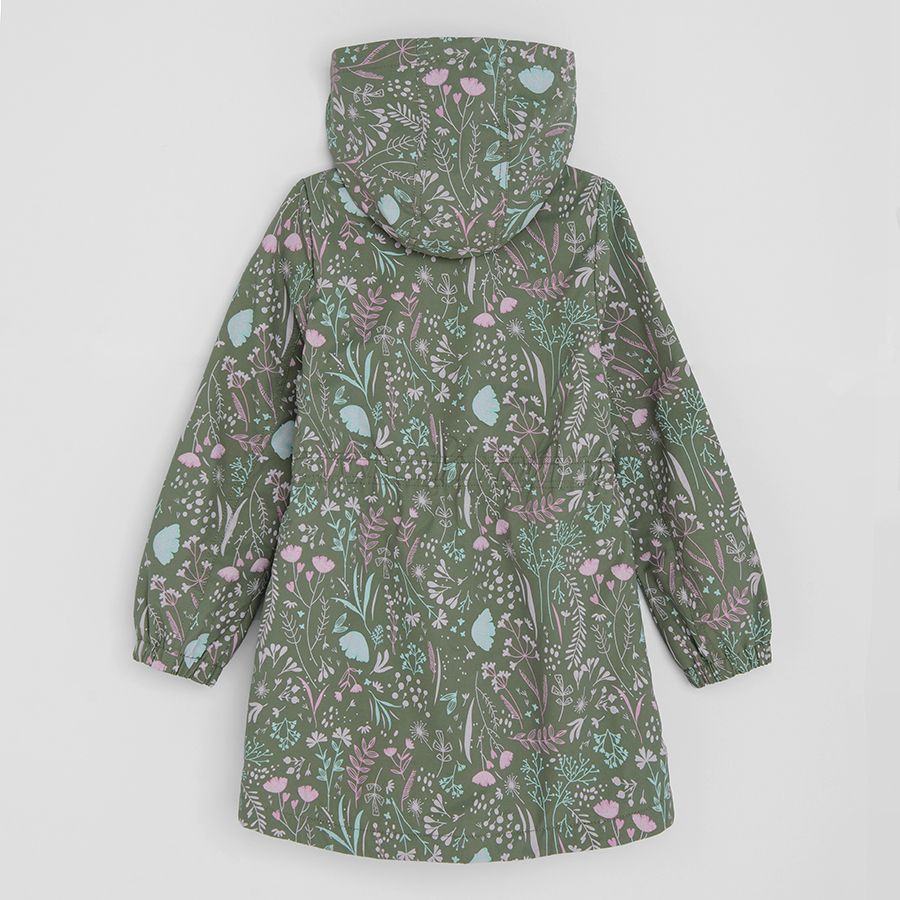 Khaki hooded xip through jacket with flower print