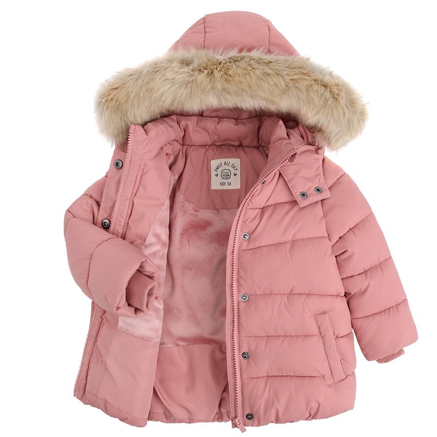 Pink jacket with fleece lining and detachable hood with fur