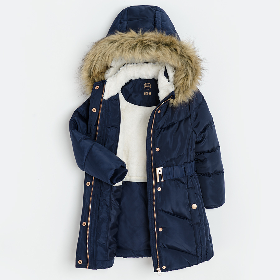 Blue zip through jacket with a belt and furlike on the hood