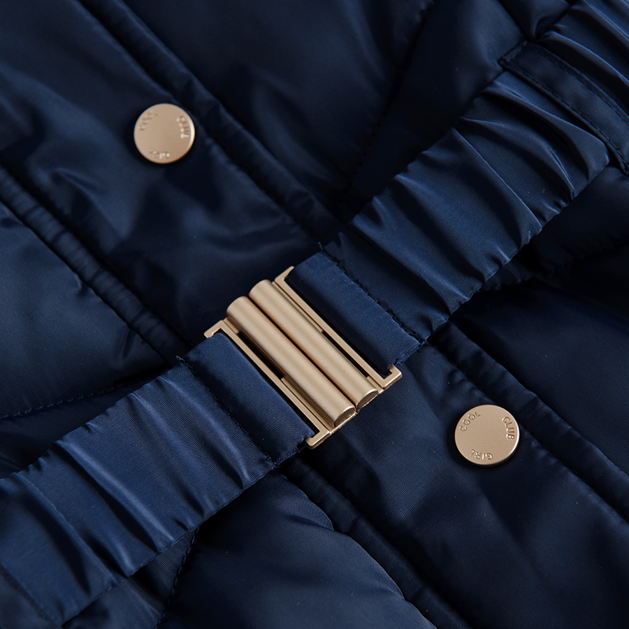 Blue zip through jacket with a belt and furlike on the hood