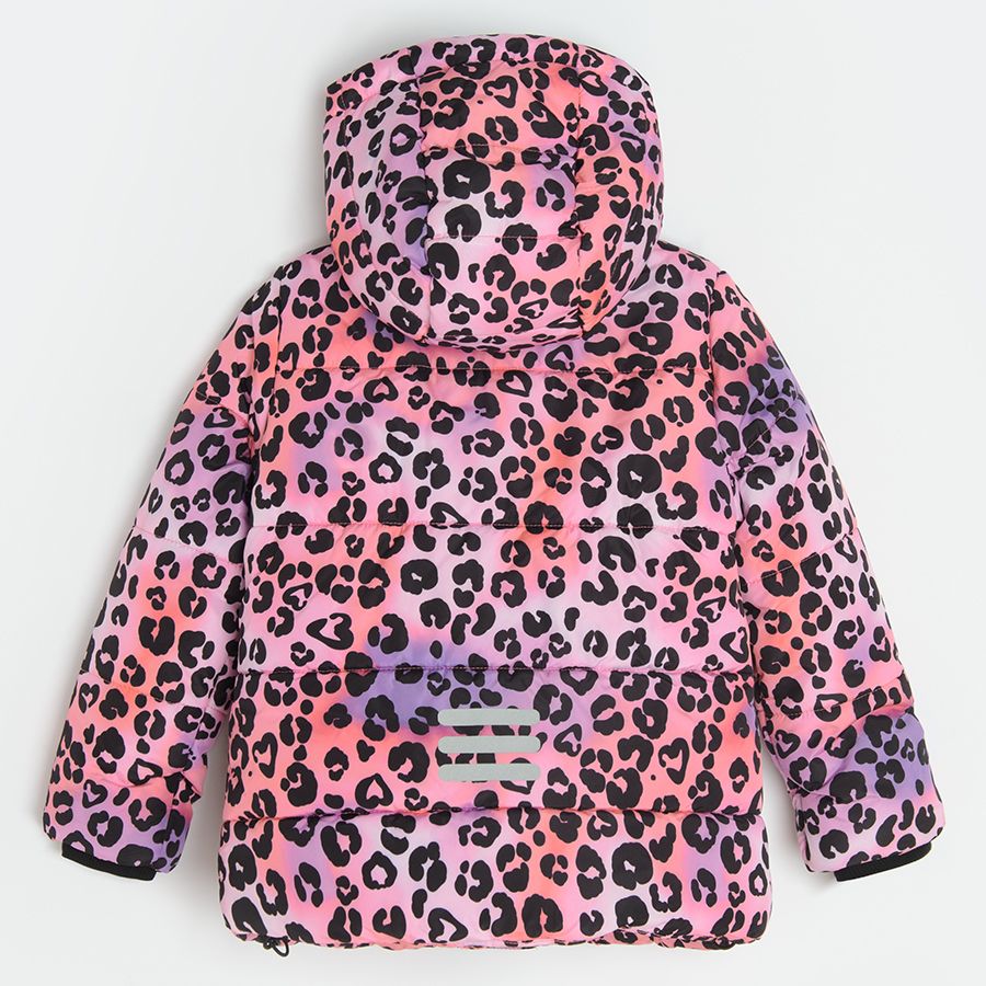 Pink animal print hooded zip through ski jacket