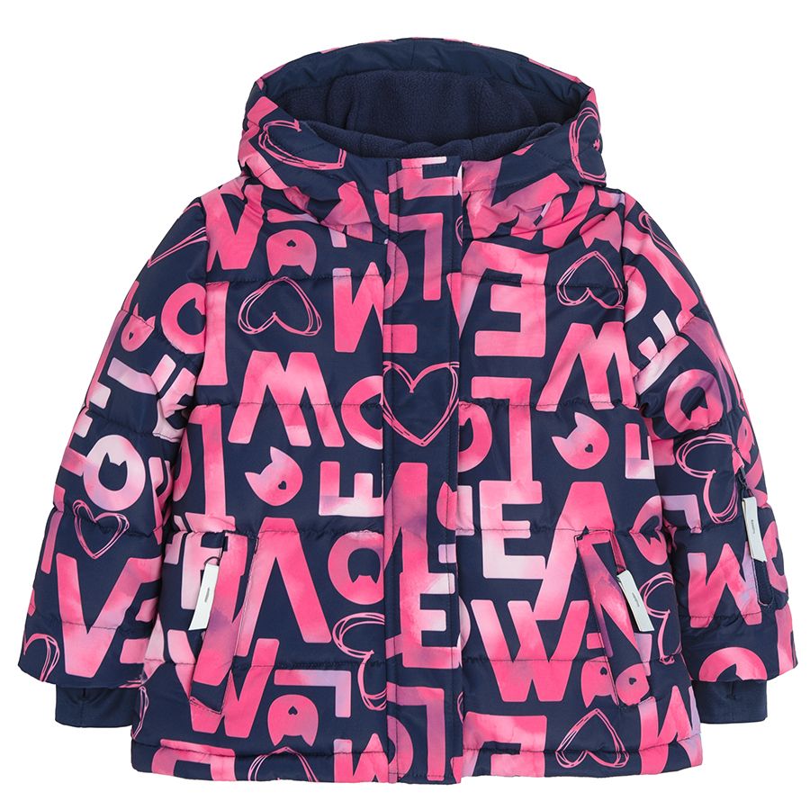 Black zip through hooded ski jacket and LOVE prints in pink