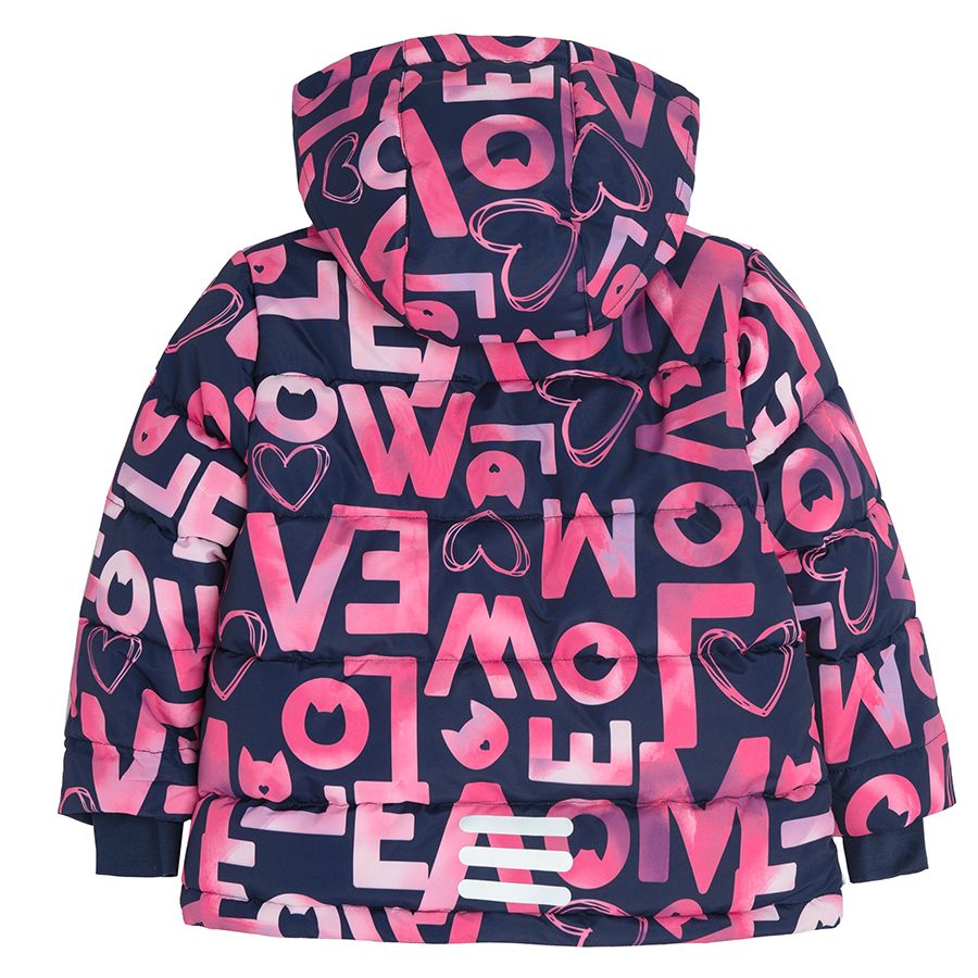 Black zip through hooded ski jacket and LOVE prints in pink