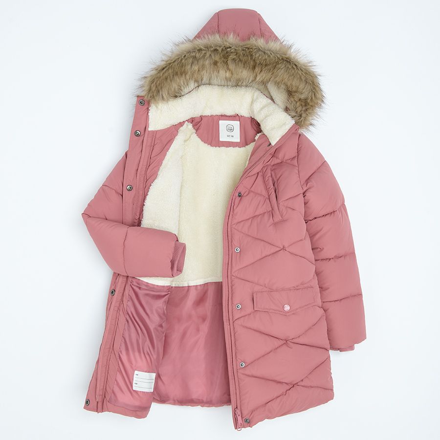 Pink zip through jacket with furlike on the hood