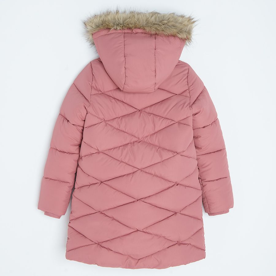 Pink zip through jacket with furlike on the hood