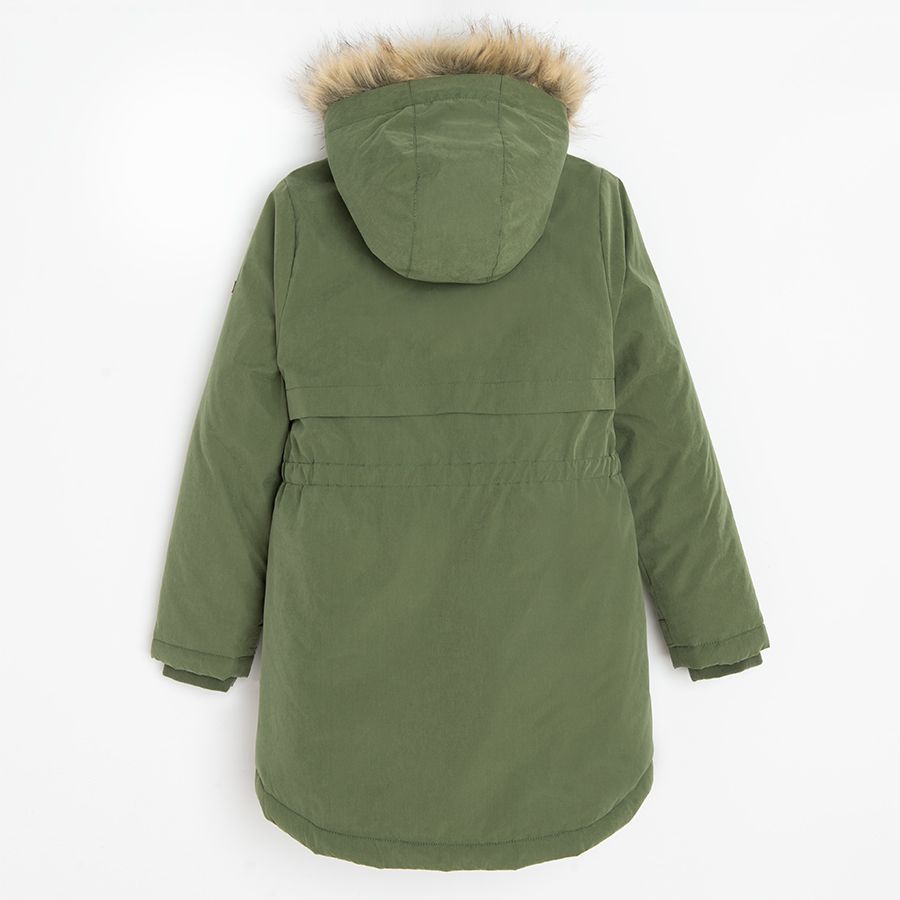 Green zip through jacket with furlike on the hood
