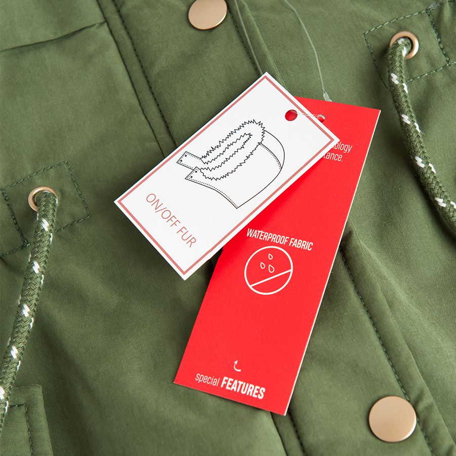 Green zip through jacket with furlike on the hood