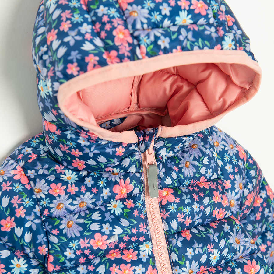 Blue floral zip through hooded jacket