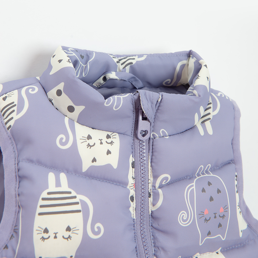 Purple zip through vest with kittens print
