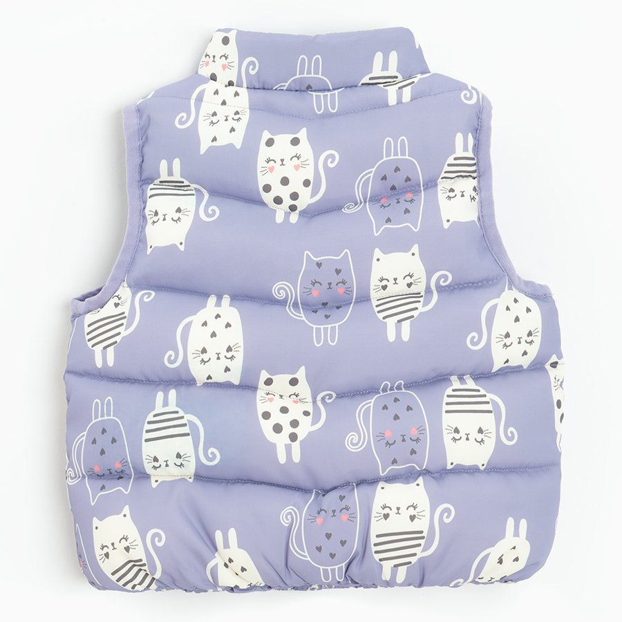 Purple zip through vest with kittens print