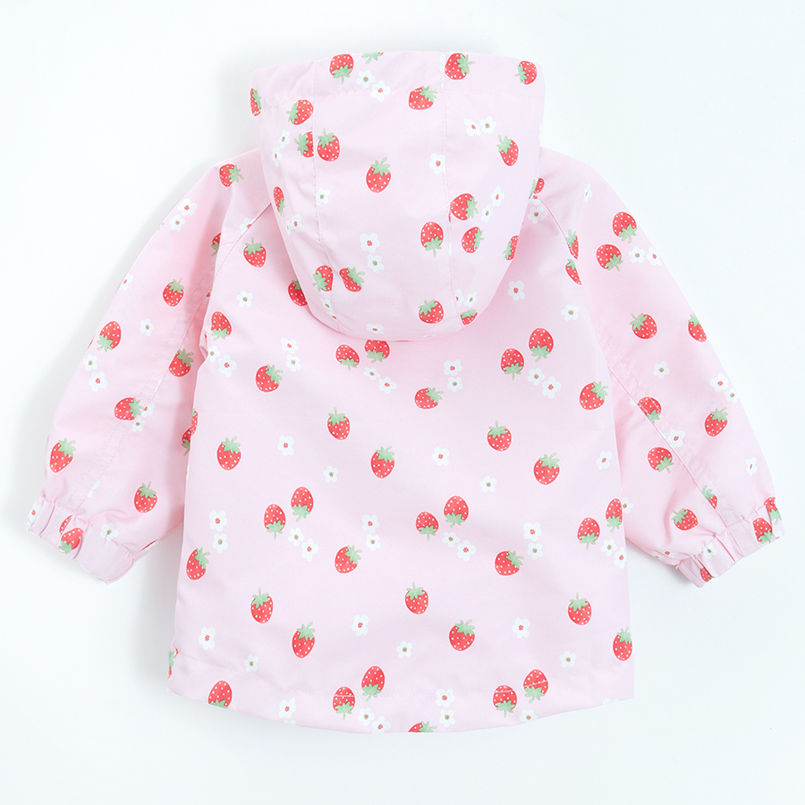 Pink side zipper hooded jacket with strawberries print