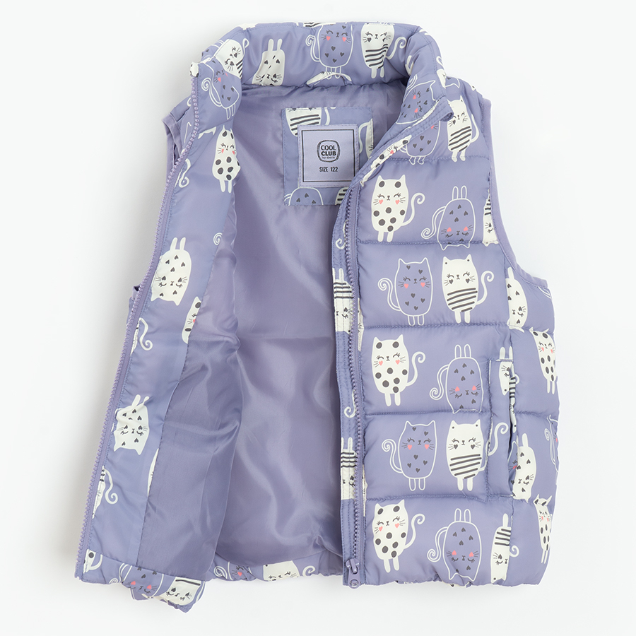 Purple zip through vest with kittens print