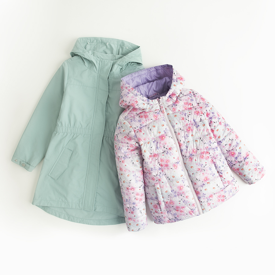 Green and floral zip through hooded jackets- 2 pieces
