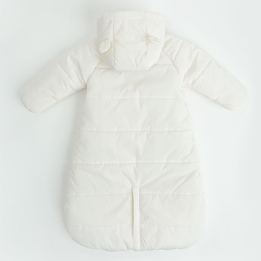 Ecru hooded snowsuit with bear print