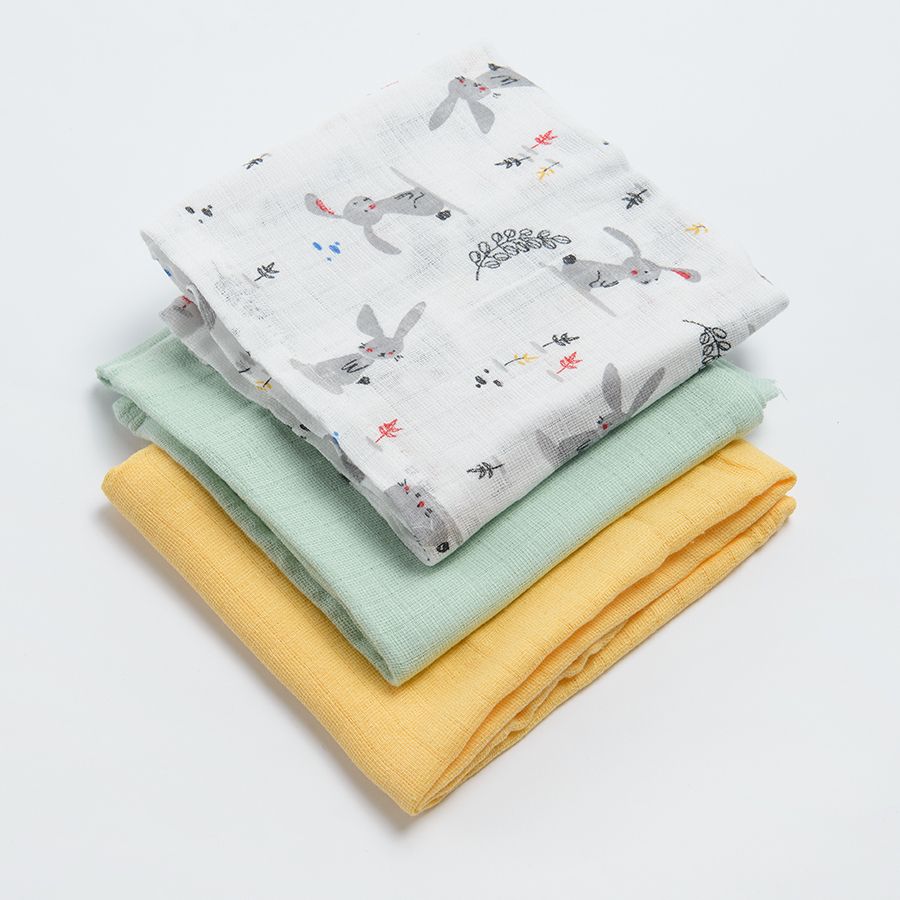 Mint yellow white with bunnies muslin nappies- 3 pack